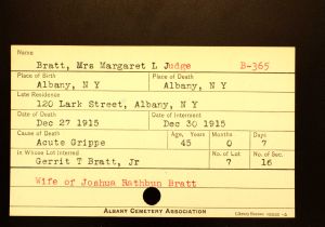 Judge, Margaret L (Bratt) - Menands Cemetery Burial Card