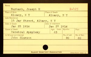 Burbank, Joseph H - Menands Cemetery Burial Card