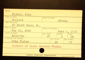 Fisher, John - Menands Cemetery Burial Card