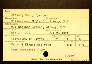 Fisher, Henry Spencer - Menands Cemetery Burial Card