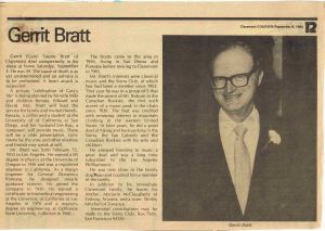 Bratt, Gerrit -- Obit 1982, Sep 8 (Claremont Courier)-c