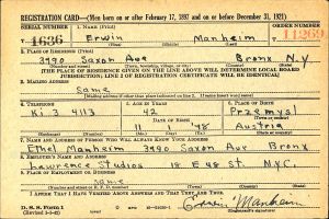 Manheim, Erwin WW2 Registration (front)